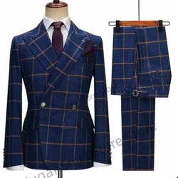Navy Checked Pernikahan Pria Jas Slim Fit 2 Buah Set Memuncak Kerah Blazer Double Breasted Formal Jas dengan Jaket dan Celana