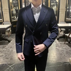 (Takım elbise + Pantolon) Moda Hepsi Bir Arada Lacivert Kruvaze Takım Elbise erkek Takım Elbise İş Rahat Resmi Gelinlik İki Parçalı Set