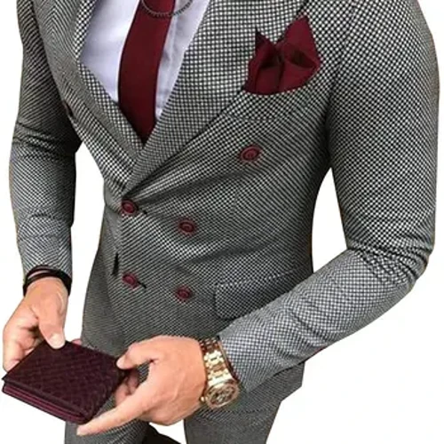 SOLOVEDRESS Men's Western Slim Two-piece Houndstooth Double Breasted Conference Party Customization