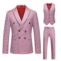ʻO nā kāne kiʻekiʻe kiʻekiʻe ʻelua ma ka umauma 3 ʻāpana nui nui 6XL Fashion nā kāne male mare pōlele pāʻina Plaid a me nā Pulu me ka Vest