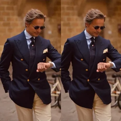 Kostymjacka herr Marinblå långärmad skräddarsydd krage Dubbelknäppt Slim Fit Casual Business Jacka för kvinna Bröllopsjacka 2022