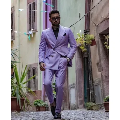 Lavendel Heren Pakken Blazer Slim Fit Double Breasted Bruiloft Bruidegom Tuxedos Business 2 Stuks Pakken Jas Broek Trajes De Hombre