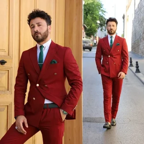Røde dobbeltradede jakkesæt til mænd Bryllup Peaked revers Groom Party Blazer Sæt Forretningskostume Homme Dobbeltradet Mænd Tøj