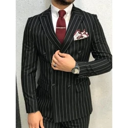 Elegantsed triibulised ülikonnad meestele Chic Peak revääriga kahe rinnaga must meeste ülikond, õhuke pidulik peigmees, 2-osaline meeste smoking