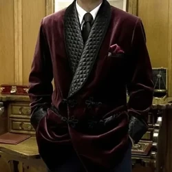 Setelan Pria Double Breasted Satu Potong Selendang Hitam Kerah Desain Warna Solid Jaket Rokok Kostum Homme Beludru Longgar Setiap Hari Blazer