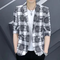 2024-신사용 한국 캐주얼 슬림 블레이저 신사 비즈니스 웨딩 패션 격자 무늬 트렌드 잘 생긴 7 점 소매 작은 양복