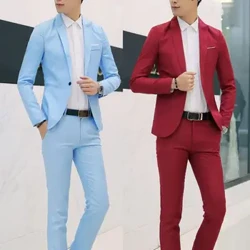 2pcs мода чоловіки Blazer весна осінь стильна ділова повсякденна куртка суцільна кнопка лацканда з довгим рукавом тонких штанів костюма костюма