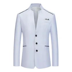 Costum formal pentru bărbați, ocazional, cu mânecă lungă, cu mânecă lungă, jachetă subțire cu guler în picioare, cu buton de lucru, în stil britanic, costum pentru bărbați, solid