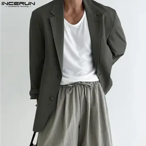 INCERUN 2024 Mænd Blazer Ensfarvet Revers Langærmet Streetwear Mode Knap Fritidsdragter Mænd Elegant Fritid Tynde Frakker 5XL