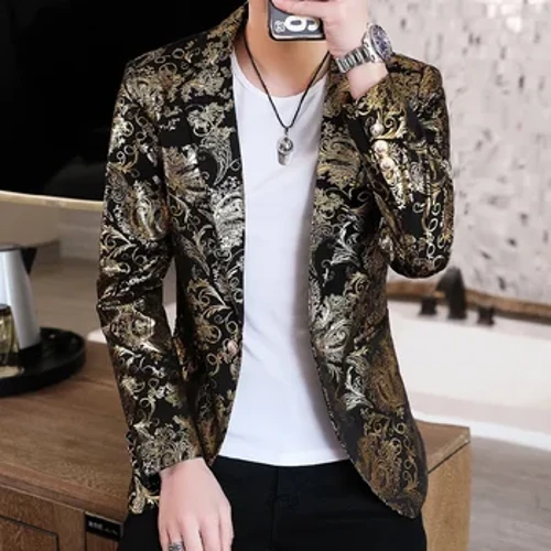 Vàng Blazer Mùa Xuân 2022 Mới Gel Nam Boutique Thời Trang Ôm Vừa Vặn Phù Hợp Với Áo Khoác Cưới Hộp Đêm Sân Khấu Đầm Dự Tiệc Nam Quần Áo