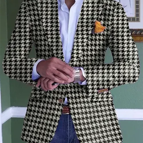 Meeste bleiser Houndstooth mustriga taskud ühe rinnaga reväärkrae bleiser äri vabaaja meeste riided