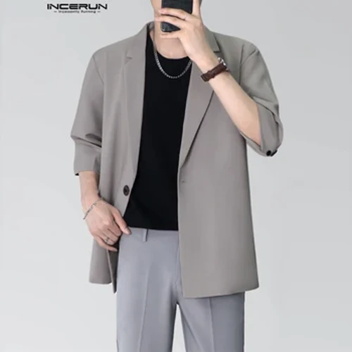 INCERUN hommes Blazer couleur unie revers manches courtes un bouton costumes décontractés hommes Streetwear ample 2024 mode loisirs manteaux fins