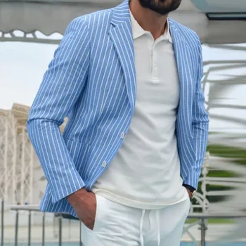 Costume de modă casual pentru bărbați, bumbac și in, cu imprimare în dungi, domn de afaceri, rever, sacouri pentru timp liber, jachete, haine pentru bărbați