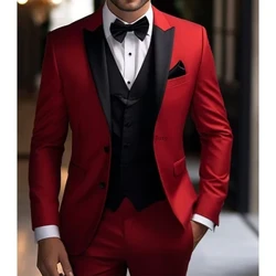 Traje homme jaqueta vermelha calças com colete preto 3 peça único breasted pico lapela comprimento regular fino ajuste roupas de casamento magro
