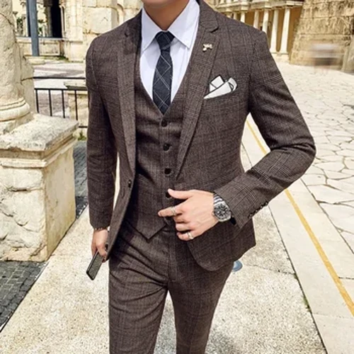 Bộ Đồ Nam Áo Khoác Vest Quần Thời Trang Kẻ Sọc Công Sở Nam Chú Rể Cưới TUXEDO Đầm 3 Cái Bộ Áo Cộc Tay áo Khoác