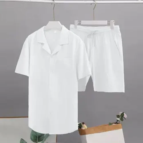 Conjunto de shorts de cintura elástica de camisa de peito único cor sólida terno de duas peças masculino casual lapela camisa com cordão cintura shorts conjunto