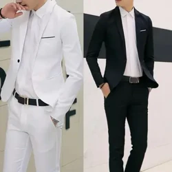 2020 2 parça ofis iş Blazer + pantolon takım elbise setleri erkekler sonbahar yaz moda katı ince düğün seti Vintage klasik Blazer