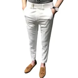 Na moda nono terno calças escritório fino ajuste resistente ao desgaste zip up nono terno calças tornozelo comprimento nono calças masculino vestuário