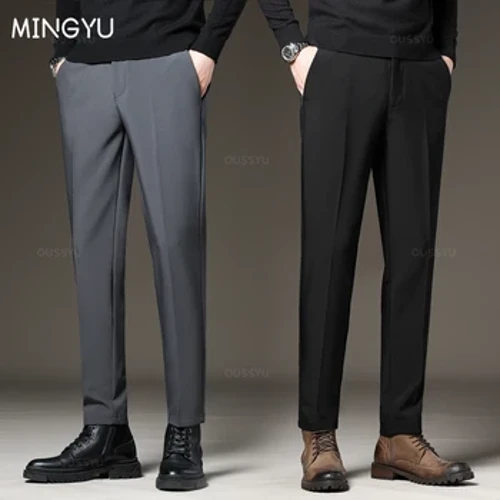Pants Suit Dynion Newydd Swyddfa Fusnes Main Gwasg Elastig Trwchus Pant Clasurol Llwyd Du Trowsus Corea Gwryw a Maint 27-38 40 42