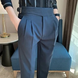 Style britannique hommes taille haute tenue décontractée pantalon hommes ceinture conception pantalon mince bureau formel robe de soirée de mariage pantalon de costume