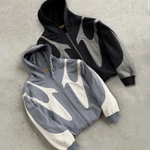 Y2K Zipper Hoodie Pria Harajuku Hip Hop Patchwork Kebesaran Hoodie Sweatshirt Baru Gothic Lengan Panjang Jaket Pakaian Streetwear