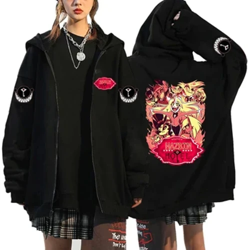 Estilo berria Hazbin anime zaleentzat.Hotel estiloko 2D inprimatutako txanodun sudadera beltza kaleko informalerako