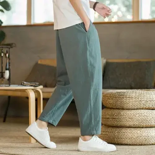 Calças masculinas de cor sólida soltas com cordão reto nona calça com bolsos elásticos na cintura cor sólida respirável para uso diário