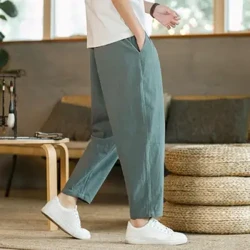Männer Solid Faarf Hosen Männer Loose Riichter String Néngten Hosen mat elastesche Taille Taschen Solid Faarf Atembar fir all Dag