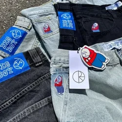 Quần Jean Bé Trai Lớn Mới Bông Tai Kẹp Hip Hop Hoạt Hình Đồ Họa Thêu Quần Baggy Denim Nam Nữ Cao Cấp Quần Ống Rộng Dạo Phố