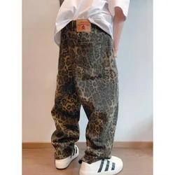 Toamnă și iarnă 2024, nou design retro american, îmbrăcăminte de lucru de nișă, imprimeu leopard, pantaloni largi ocazional versatili pentru bărbați INS