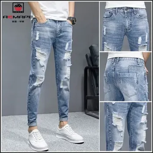 Täze moda äheňli kawboý erkekleriň näzik geýimleri, ýyrtyk deşikli deşikli tomus köçe eşikleri Denim döwülen deşik balak erkek