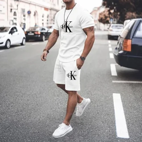 2024 Nueva camiseta informal de verano con estampado 3D para hombre, conjunto de camiseta con cuello redondo a la moda