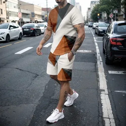 Nuevo Conjunto informal transpirable de 2 piezas con línea 3D para hombre, camiseta de manga corta y pantalones cortos de moda, conjunto de verano para exteriores