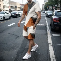 Bagong 2 pirasong panlalaking 3D line splicing casual breathable set panlalaking short sleeved T-shirt at naka-istilong shorts set summer outdoor