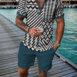 Jauns Summer Trend Retro 3D Print Vīriešu treniņtērpa komplekts Ikdienas rāvējslēdzēja apkakle Polo krekls un šorti 2gab Komplekti Vīriešu apģērbu džemperis