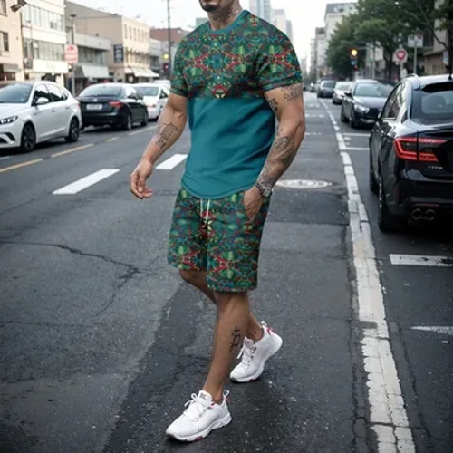 Seata nua retro pearsantaithe jogging samhraidh 3D éadaí spóirt ócáideacha na bhfear T-léine gearr sleeved + shorts sráide sraith dhá phíosa