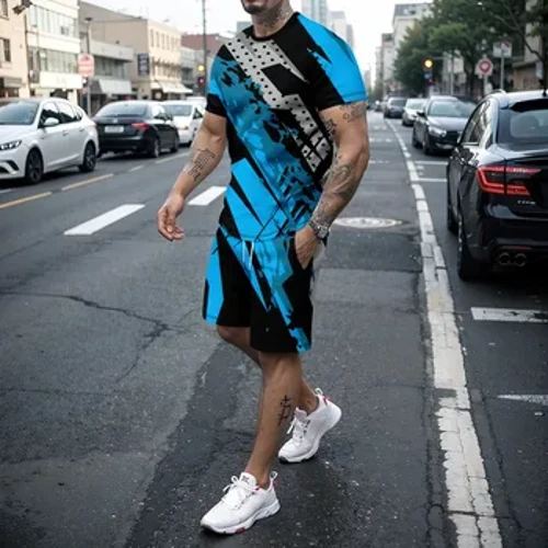 Sommarens nya 3D-skarvning för män kortärmad T-shirt och shorts löparsportset högkvalitativt fritidsset i två delar