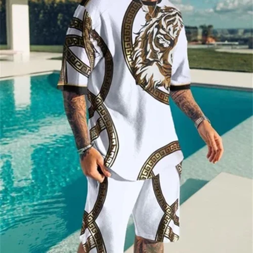 Mùa hè Mới Nam Bộ Quần Short Trang Phục Nam Tee Phố Áo Hai Mảnh 3D In Áo Cổ Tròn Phù Hợp Với Áo Quá Khổ Đi Biển đồ thể thao