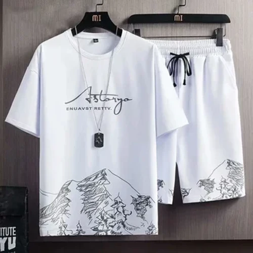 Summer Moud Bréif gedréckt Kuerzarm T-Shirt a Shorts Zwee Stéck Sets Schnelldrockend Loose Männer Tracksuit