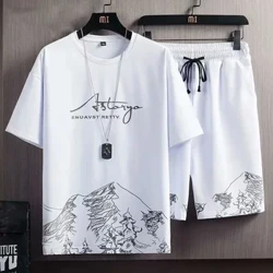 Sommermodebogstavtrykt kortærmet T-shirt og shorts i to dele Hurtigttørrende løs træningsdragt til mænd