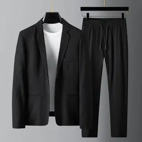 2Pcs Men Blazer Pants Set Gwanwyn Ffasiwn Siwt Pleats Llewys Hir Turndown Coler Siaced Drawstring Trowsus ar gyfer Priodas