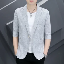 Nam Mới Hàn Quốc Giày Lười Áo Quý Ông Công Sở Cưới Thời Trang Màu Trơn Xu Hướng Đẹp Trai 7 Điểm Tay bộ Đồ Nhỏ