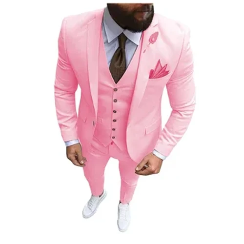 Täze gülgüne erkekleriň 3 bölegi kostýum resmi iş notch Lapel Slim Fit Tuxedo toý üçin iň gowy adam blazeri (Blazer + Vest + balak)