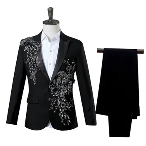 Thanh Lịch Appliqued 2 Bộ Đồ Nam Tiệc Cưới Chủ Vũ Vũ Hội Giáng Sinh Trang Phục Nam Áo Phong Cách Trung Hoa