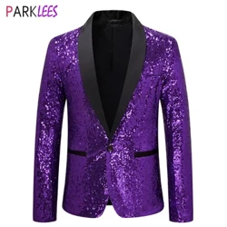 Glänzend purpur Pailletten Glitter Verschmiert Tuxedo Kostüm Jacket Männer One Button Shawl Collar Night Club Bühn Hochzäitskostüm Homme