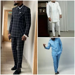 Afrika'da yeni Lüks Tam Set erkek Takım Elbise Siyah Çizgili Tek Göğüslü Blazer ve Pantolon Seti 2 Parça Düğün İş erkek Takım Elbise
