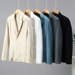 Retro bomull Linne Män Blazer Coat Strand Bröllopsfest Kostym Vår Sommar Mode Man Formell Business Slim Suit Jacket