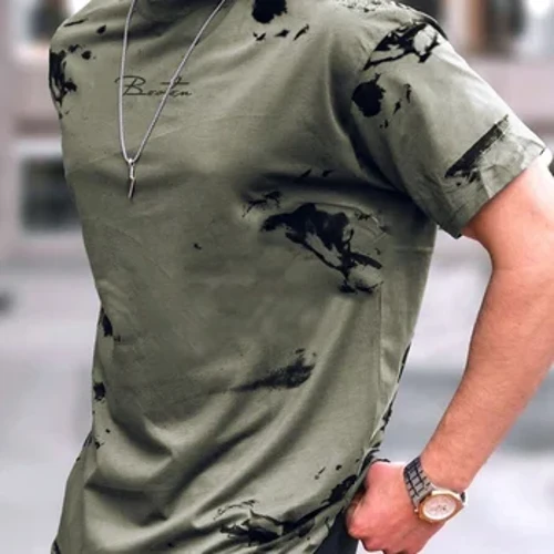 Kaos Pria untuk Pria Pakaian Fashion Baru Kamuflase Bergaris Huruf Cetak Harajuku Atasan Lengan Pendek Musim Panas Kasual Atasan Olahraga