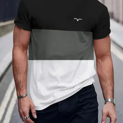 2024 Casual Sọc Áo Nam Tay Ngắn Áo Quá Khổ Áo Phông Cổ Tròn Chui Đầu Đường Phố Áo Sơ Mi Nam Tee Trang Phục Mùa Hè