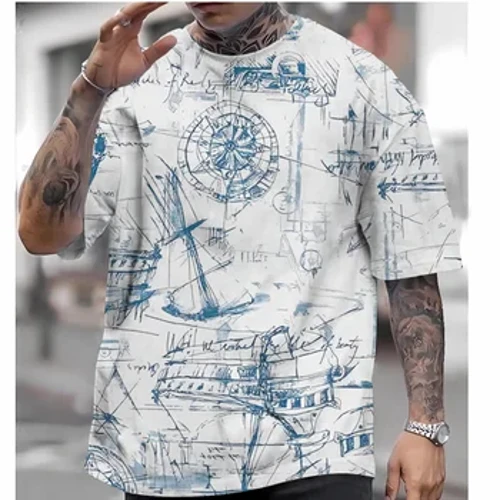 2024 Kaos Kasual Pria Atasan Lengan Pendek 3D Kompas Cetak Pakaian Kebesaran Musim Panas Kaos Pria Kaos Baru